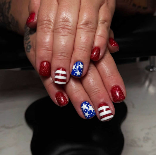 Patriotic Sparkle Short Square Red and Blue Glittering Nail Press Set with Stars and Stripes Design