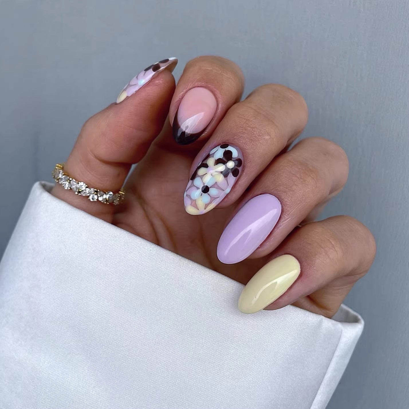 Spring Blossom Elegant Long Almond Press-On Nail Set with Pastel Colors and Unique Floral Design