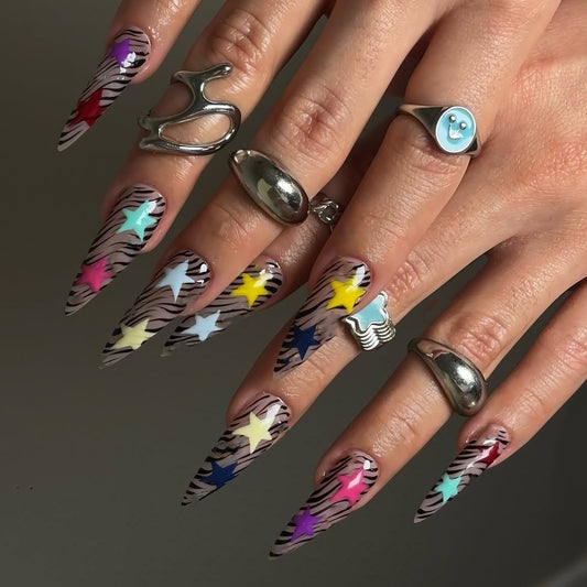 Trendy Galaxy Inspired Long Stiletto Multicolor Press On Nail Set with Star Accents and Zebra Print Design