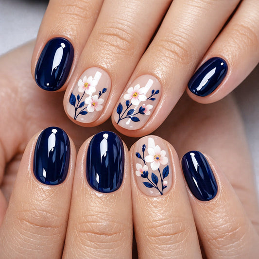 Floral Elegance Blue Short Squoval Press On Nail Set with Intricate Blossom Design