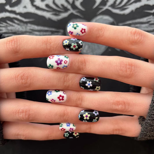 Whimsical Floral Dream Short Squoval Shaped Colorful Multi-Colored Flower Design Press-On Nail Set
