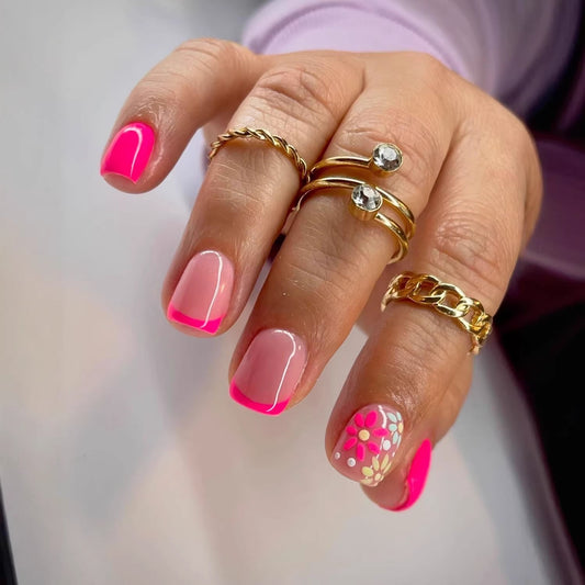 Flower Power Vibrant Short Square Pink and Clear Press On Nail Set with Floral Design Feature