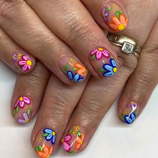 Floral Fantasy Press On Nails Short Square Vibrant Multicolor with Eye-Catching Blossom Designs