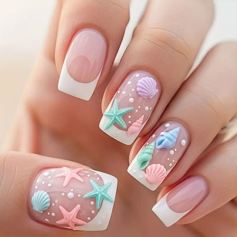 Ocean Breeze Medium Square Pastel Press On Nail Set with Creative Shell and Starfish Designs