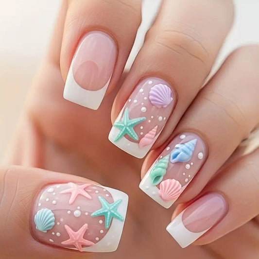 Ocean Breeze Medium Square Pastel Press On Nail Set with Creative Shell and Starfish Designs