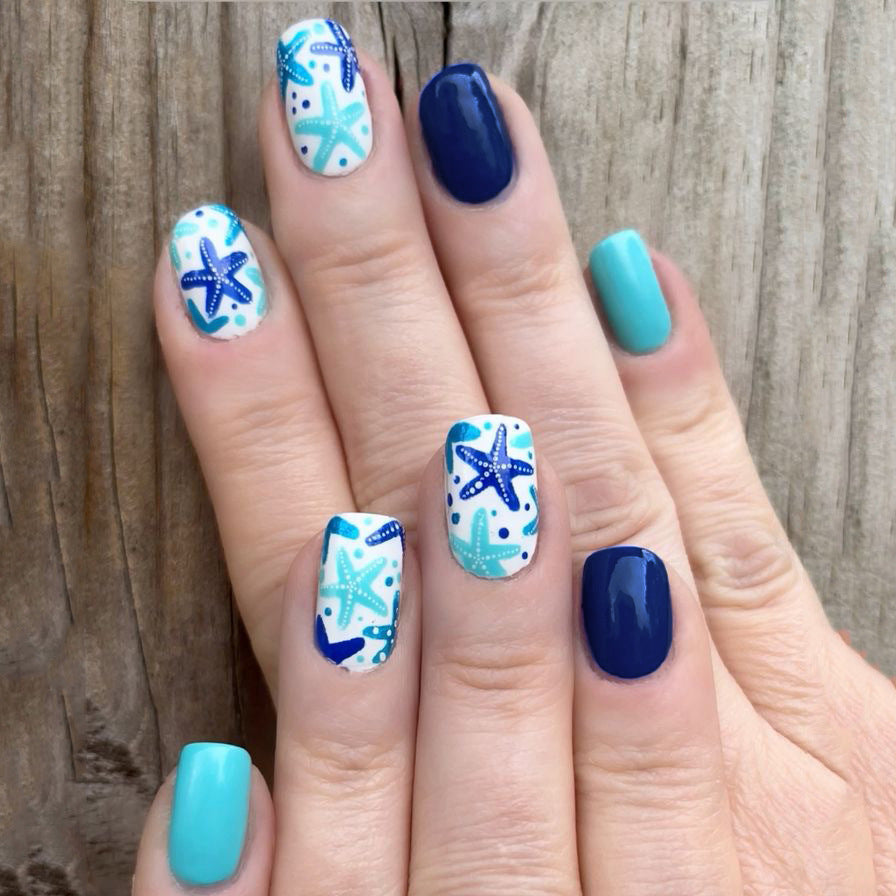 Ocean Breeze Press-On Nail Set Medium Square Shaped Teal and Navy with Starfish Design