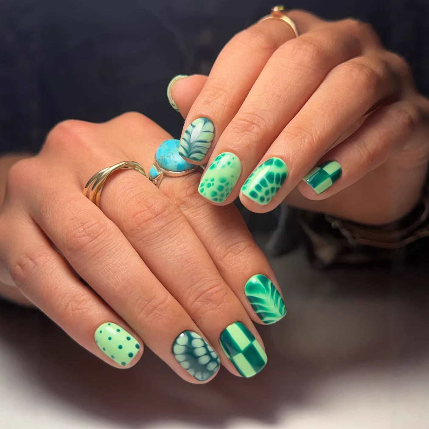 Tropical Oasis Short Square Mint Green Press On Nail Set with Unique Botanical Patterns