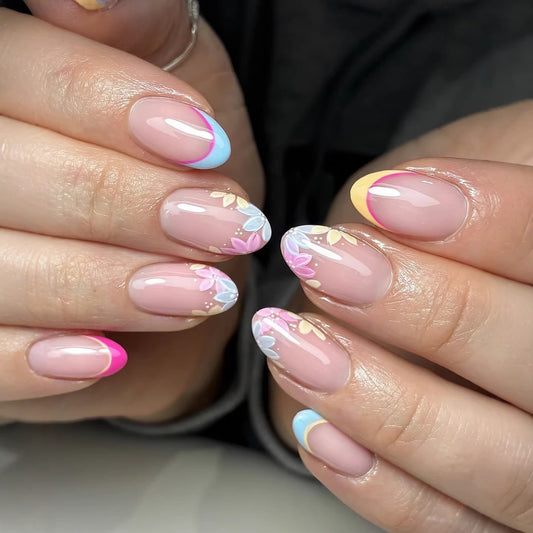 Whimsical Blossom Dream Short Almond Shaped Pink with Pastel Floral Art Press On Nail Set
