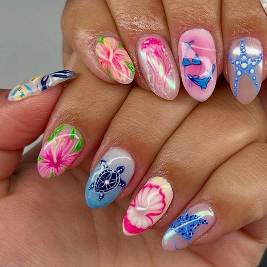 Tropical Paradise Medium Almond Pink and Blue Press On Nail Set with Unique Ocean Themes