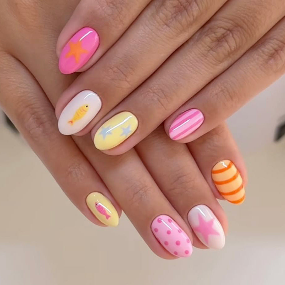 Whimsical Delight Medium Oval Pastel Press On Nail Set with Fun Themed Designs