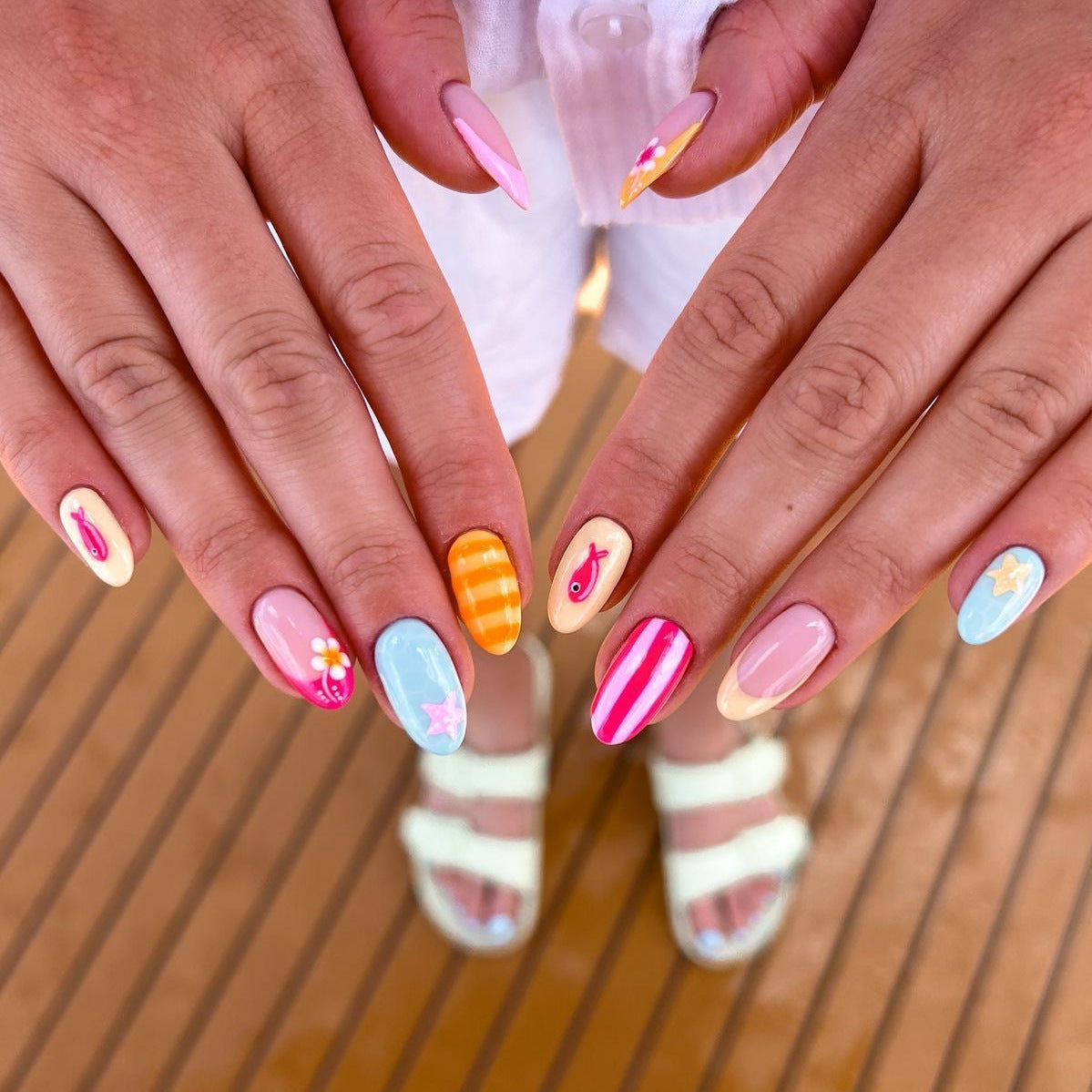 Tropical Vibes Colorful Medium Oval Press On Nail Set with Whimsical Summer Designs