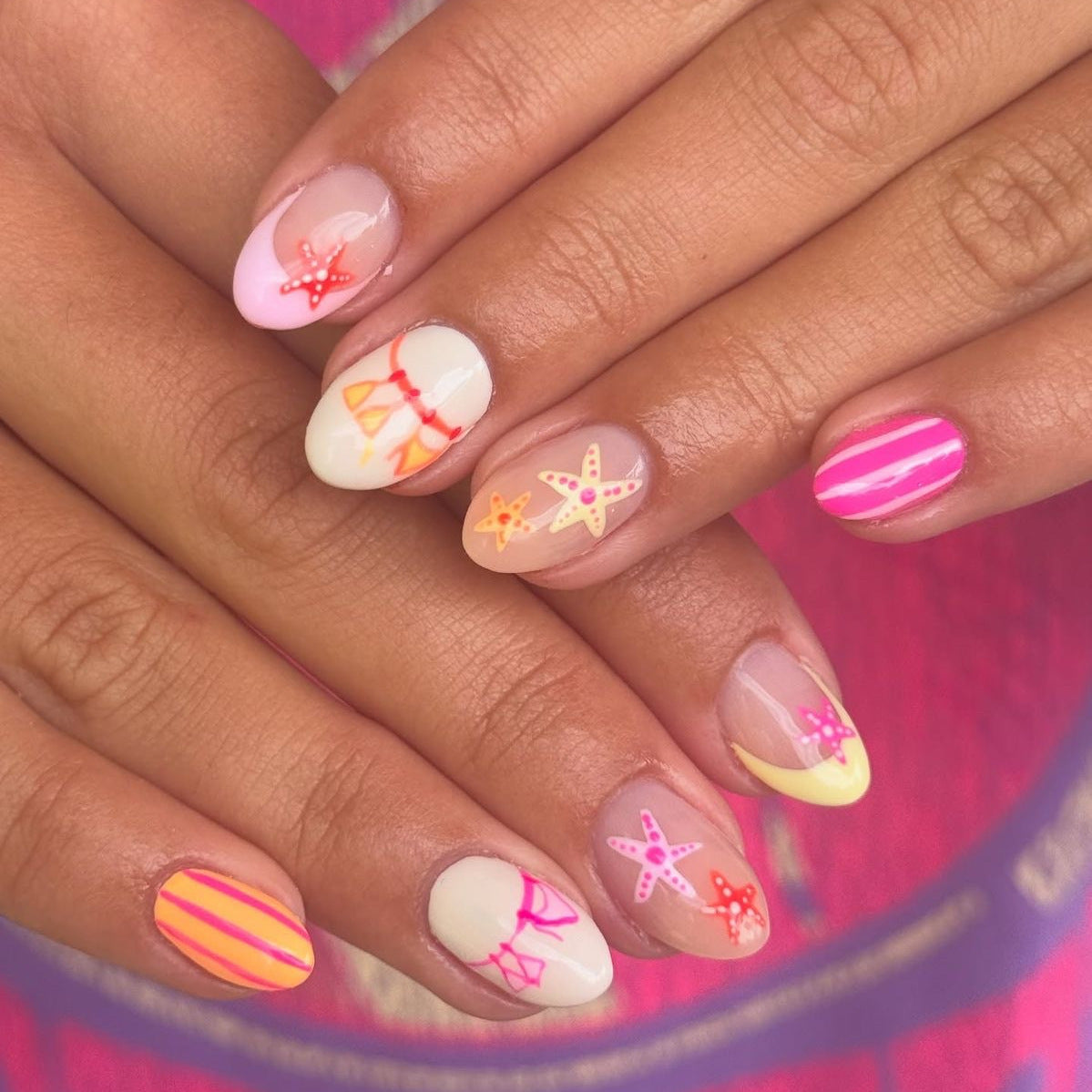 Summer Seaside Inspired Short Almond Shaped Colorful Pastel Press on Nail Set with Fun Starfish Design