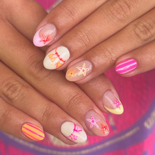 Summer Seaside Inspired Short Almond Shaped Colorful Pastel Press on Nail Set with Fun Starfish Design