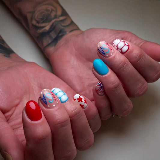 Patriotic Celebration Medium Oval Red and Blue with Unique Artistic Designs Press-On Nail Set