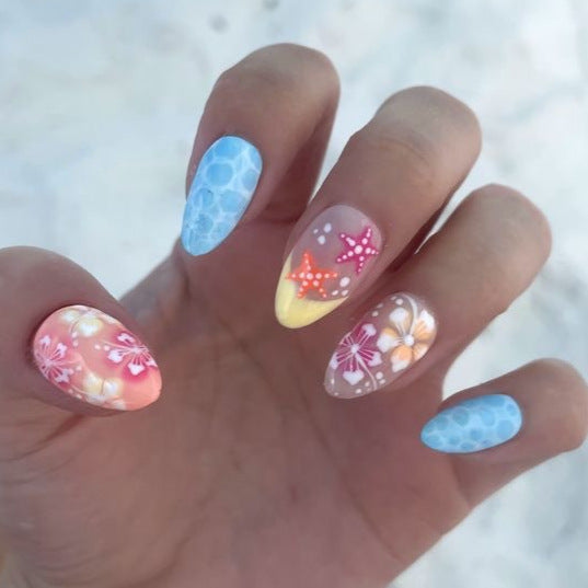 Tropical Paradise Press on Nail Set Long Almond Shape Multi-color with Sea Inspired Designs