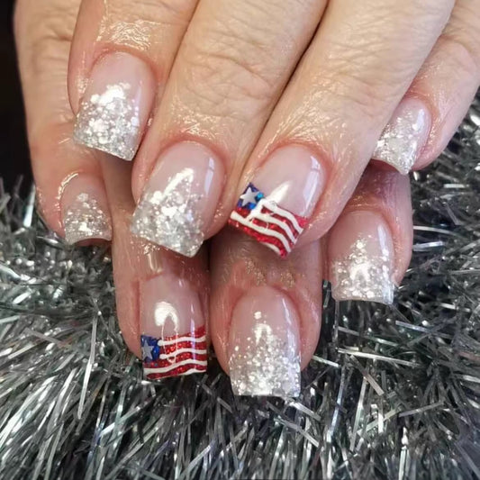 Patriotic Sparkle Elegant Medium Square Glitter White and Red Flag Design Press On Nail Set