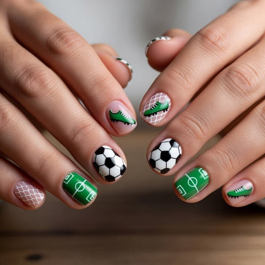 Game Day Glamour Short Square Green Soccer Theme Press On Nail Set with Unique Cleat and Ball Design