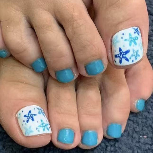 Ocean Breeze Short Square Pastel Blue Press On Toenail Set with Unique Starfish Design