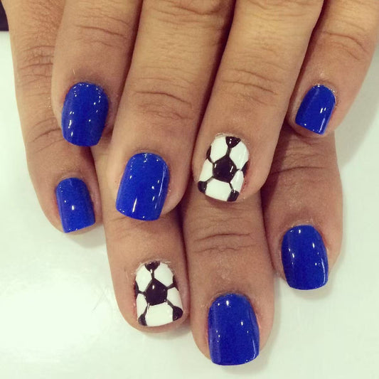 Soccer Spirit Bold Short Square Royal Blue Nail Set with Unique Soccer Ball Accent