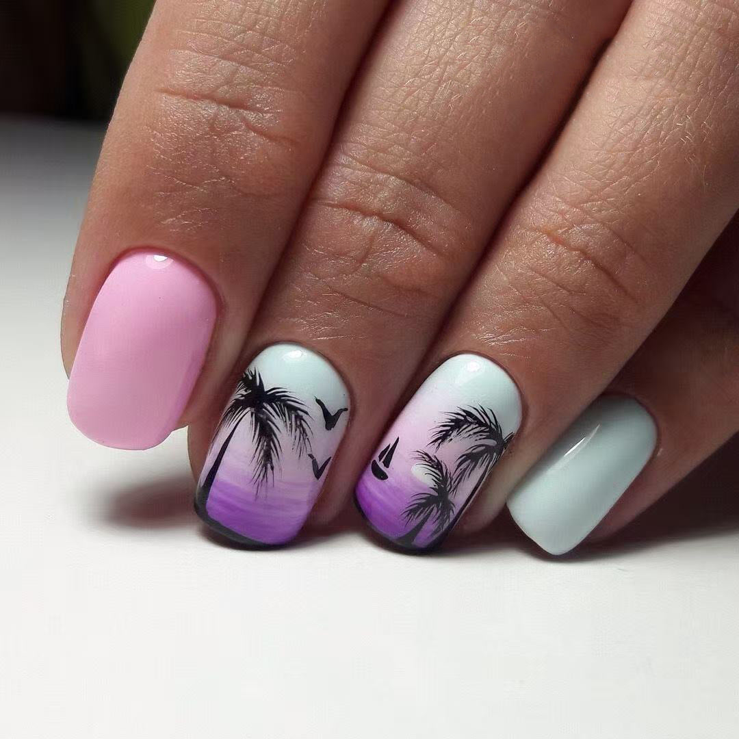 Tropical Paradise Short Square Gradient Pink Blue Press On Nail Set with Stunning Palm Tree Design
