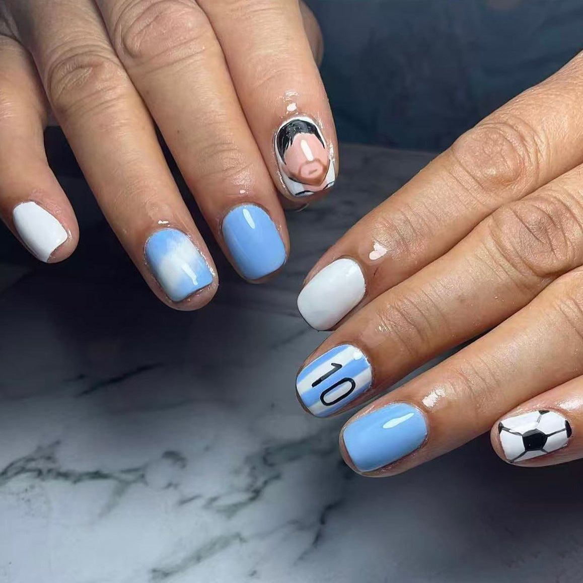 Soccer Spirit Press On Nail Set Short Square Light Blue with Unique Artistic Soccer Design