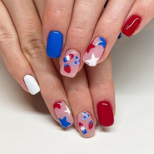 Festive Freedom Medium Square Red White and Blue Nail Set with Fun Graphic Designs