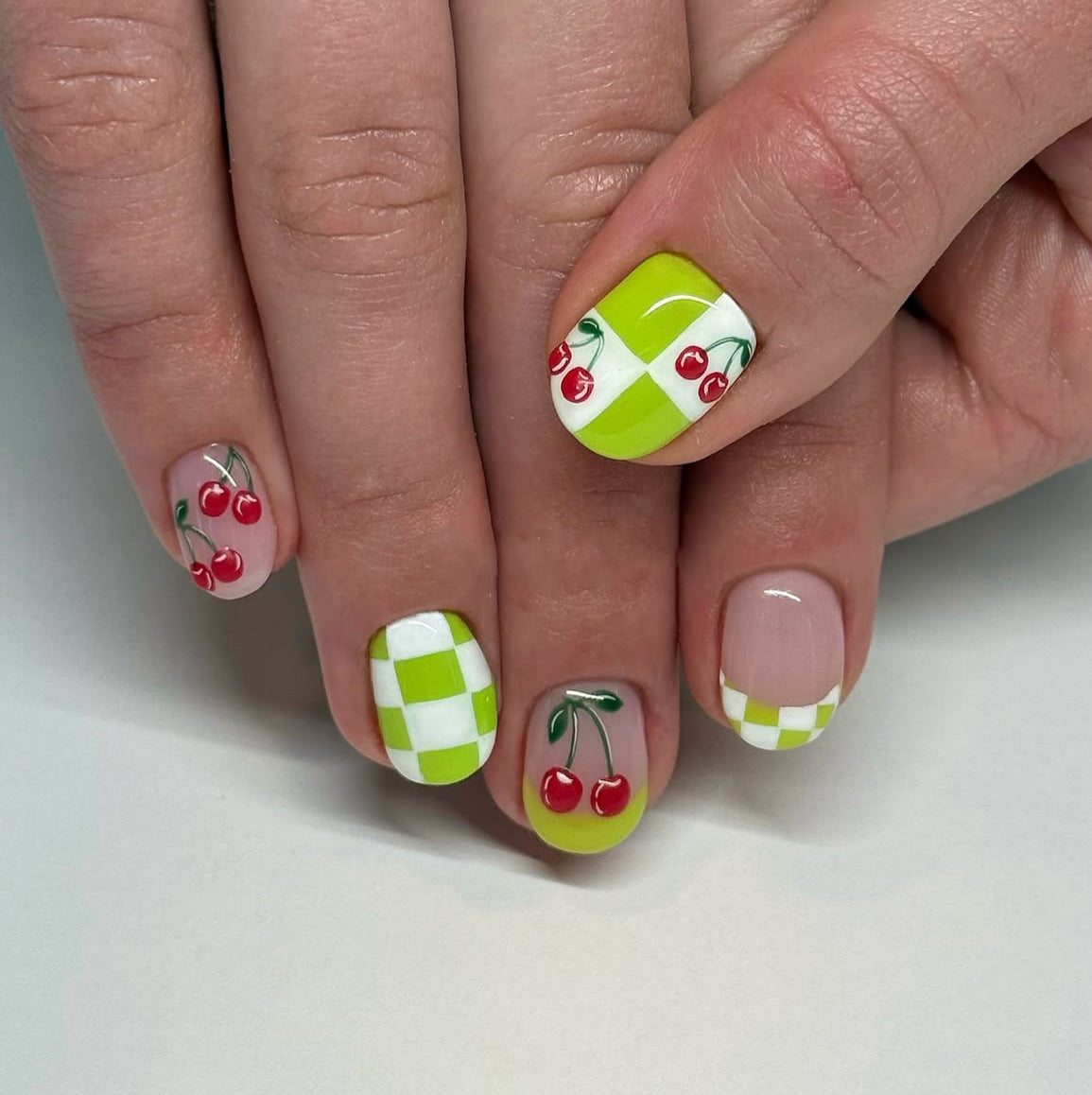 Cherry Blossom Delight Medium Square Green with Cherry and Checkered Design Press-On Nail Set