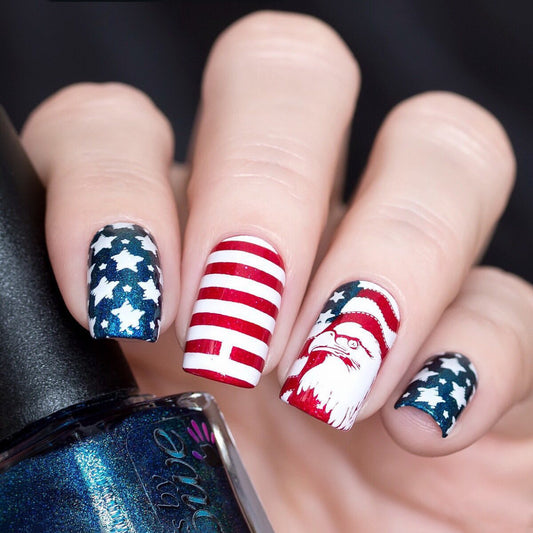 Patriotic Celebration Medium Square Red Blue and White Eagle Design Press-On Nail Set