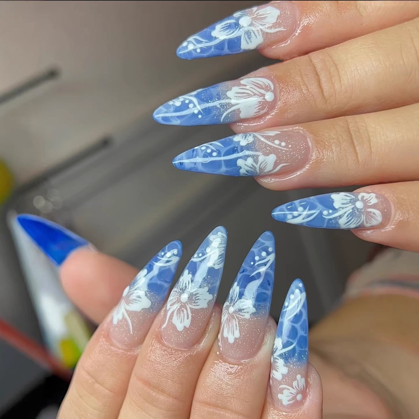 Ocean Breeze Dreamy Long Almond Press On Nail Set in Blue with Elegant Floral Design