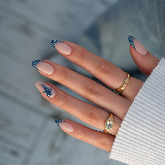 Nautical Elegance Long Almond Blue and Beige Press On Nail Set with Unique Dotted Design