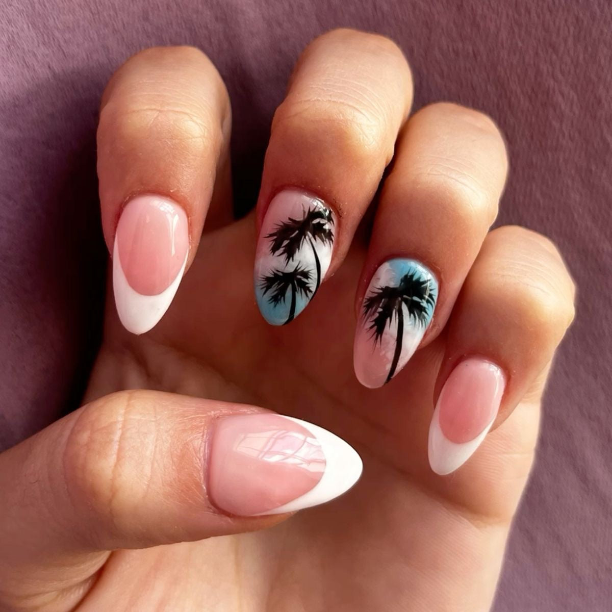 Tropical Paradise Long Almond Shaped Pink and White Nail Set with Vibrant Palm Tree Art