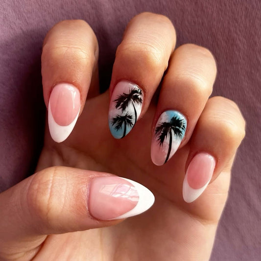 Tropical Paradise Long Almond Shaped Pink and White Nail Set with Vibrant Palm Tree Art