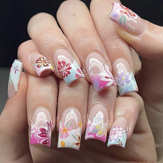 Floral Dream Long Square Press-On Nails in Pastel Colors with Vibrant Flower Art