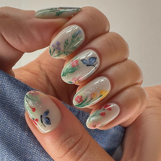 Whimsical Garden Short Oval Green Floral Press on Nail Set with Butterfly Accents