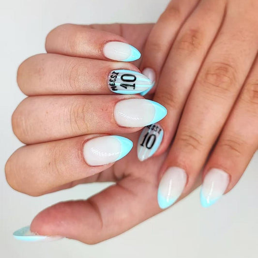 Charming Ocean Breeze Elegant Medium Almond Shape Glossy Light Blue Accent Nail Set with Unique Graphic Design