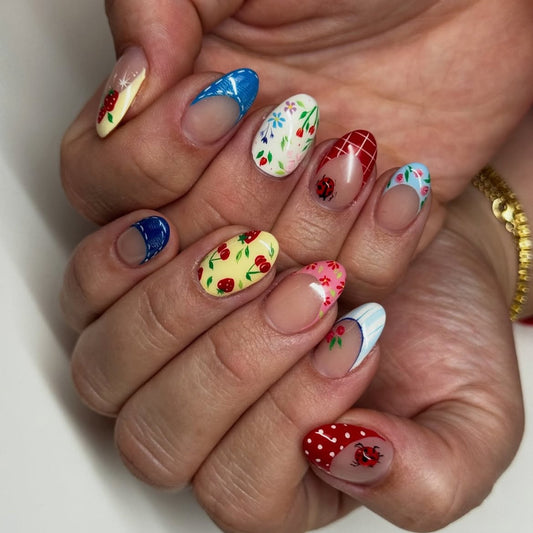 Garden Party Elegant Medium Almond Vibrant Multi-Colored Floral Design Press-On Nail Set