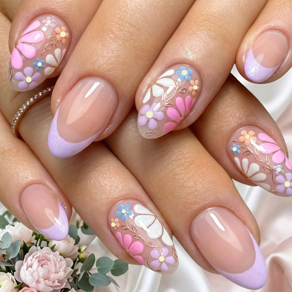 Spring Blossom Short Almond Pink Floral Design Press On Nail Set