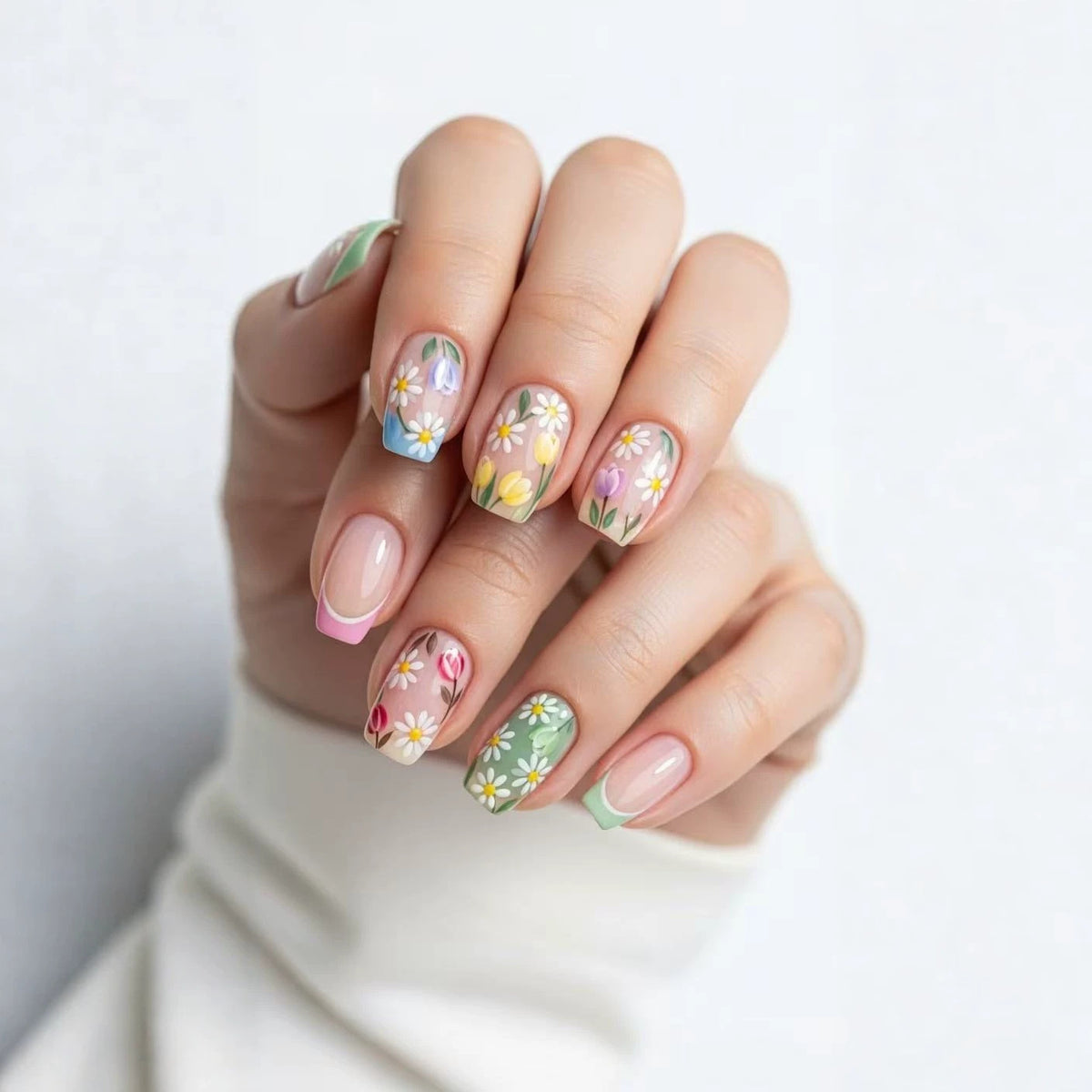 Floral Fantasy Medium Square Pastel with Intricate Flower Design Press On Nail Set
