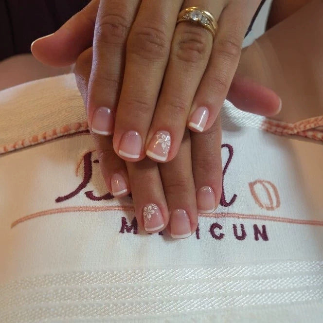 Floral Elegance Short Square Pink with Charming White Accents Press On Nail Set