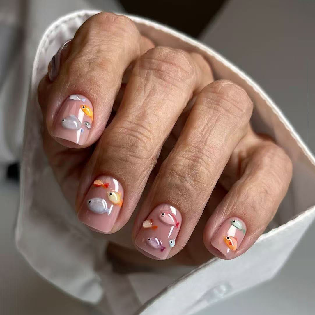 Aquatic Bliss Medium Square Pink Background with Colorful Fish Designs Press On Nail Set