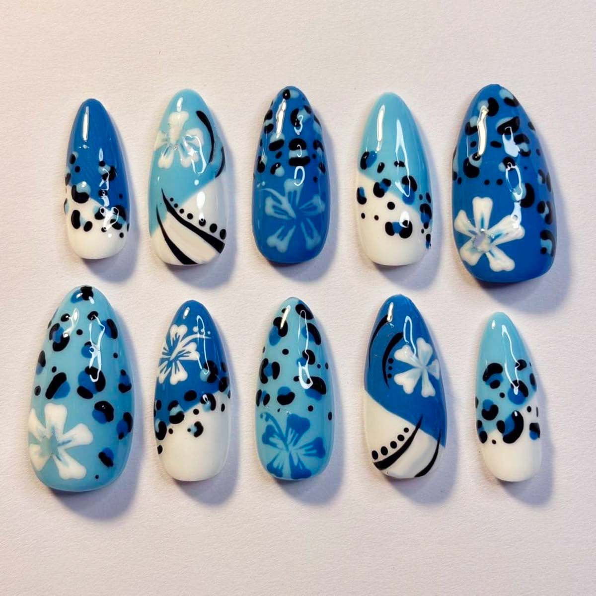 Tropical Bliss Medium Almond Blue Floral Nail Press Set