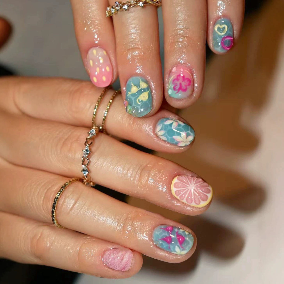 Tropical Dream Short Almond Blue with Vibrant Floral Designs Press on Nail Set