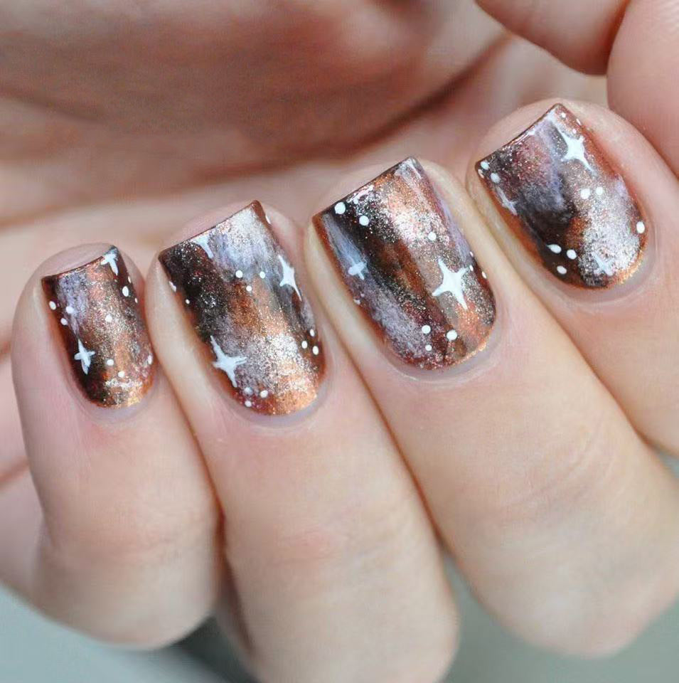 Celestial Charm Short Square Brown with Starry Glitter Press On Nail Set