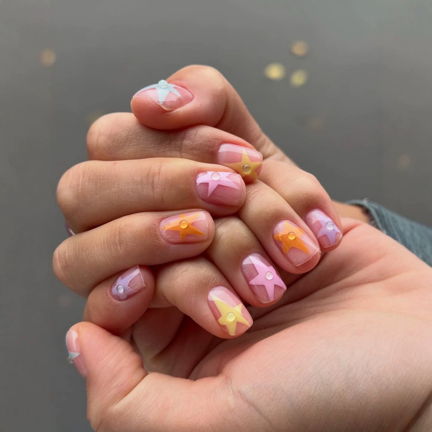 Enchanted Pastel Short Square Colorful Star Accent Press On Nail Set