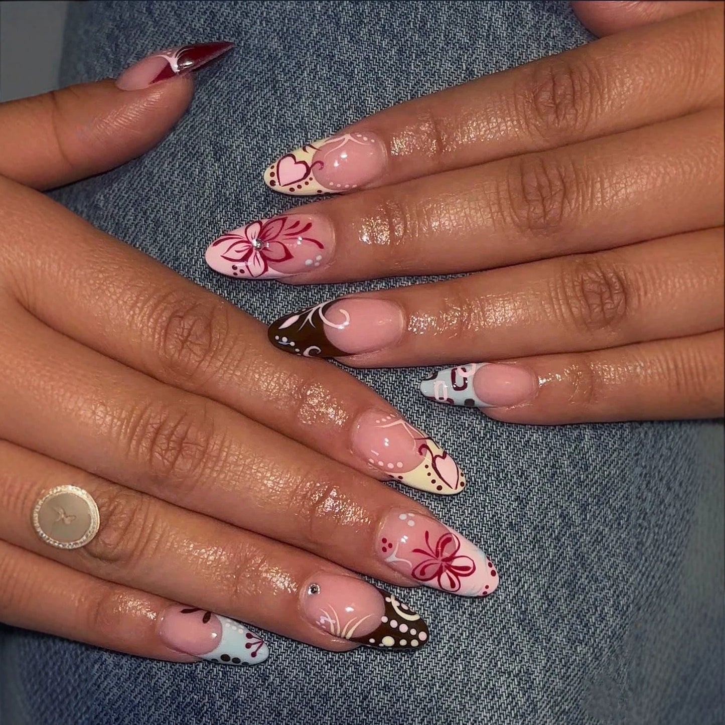 Whimsical Floral Design Medium Almond Pink and Brown Glossy Press on Nail Set