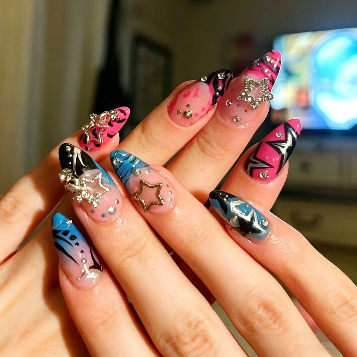 Cosmic Dreams Medium Almond Colorful Gradient with Star Accents Press On Nail Set