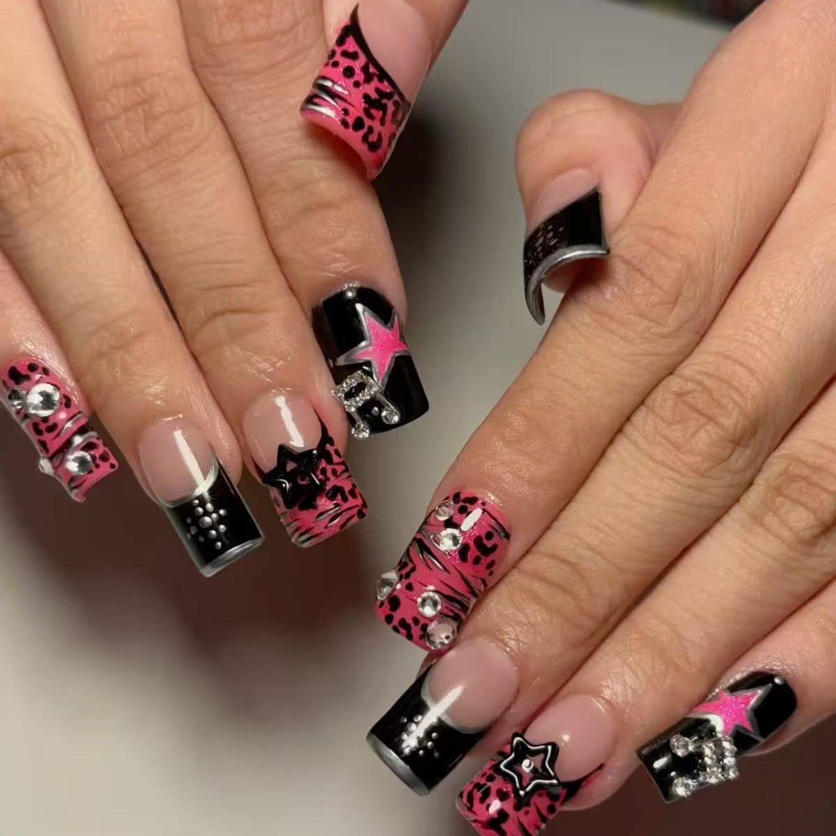 Bold Rocker Glam Short Square Pink and Black with Glittering Rhinestones Nail Set
