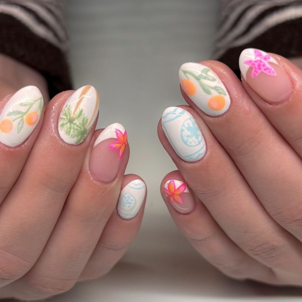 Tropical Delight Short Oval White with Colorful Floral Art Press on Nail Set