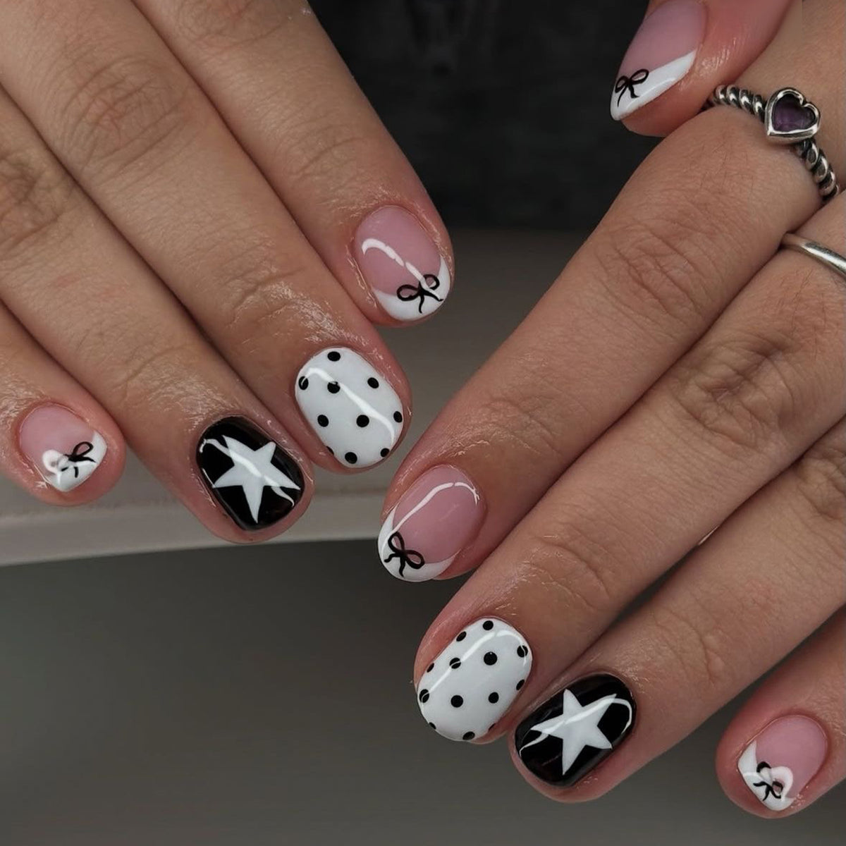 Chic Bow Inspired Short Square Black and White Nail Set with Unique Star Accent