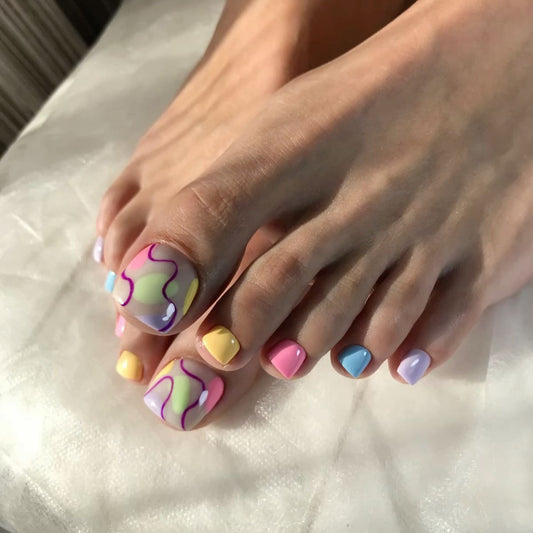 Whimsical Pastel Short Square Multi-Colored Design Press On Toenail Set